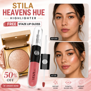 Stila Heavens Hue Highlighter + FREE Staze 2-in1 (Matte + shine) Lip Gloss – Instant Radiant Glow, Plump & Shine Face with Highlighter  – Silky Smooth, Long-Lasting Luminous Finish – Luxurious Glow + FREE Plump Lip Gloss