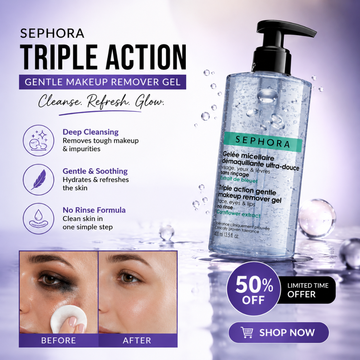 Sephora Triple Action Gentle Makeup Remover Gel – Face, Eyes & Lips – No Rinse Needed – Deep Cleansing, Gentle & Soothing – With Cornflower Extract, Glycerin & Micellar Technology